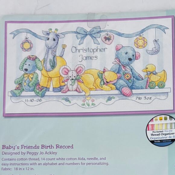 VTG Y2K Dimensions BabyHugs Baby's Friends Birth Cross Stitch Kit SEALED 18"x12" - Picture 1 of 3